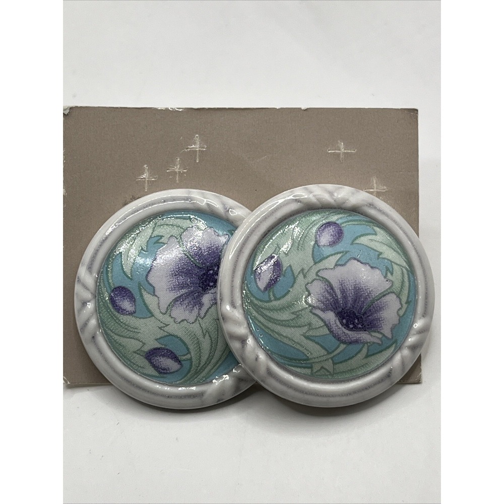 Avon Vintage 1992 Porcelain Petals Purple Turquoise Flower Pierced Earrings‎